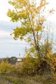 Austria Burgenland Village of Lackendorf with church and dramatic clouds
