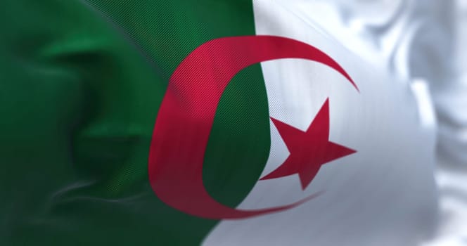 Close-up view of the Algeria national flag waving in the wind. People Democratic Republic of Algeria, is a country in North Africa. Fabric textured background. Selective focus. Realistic 3D illustration