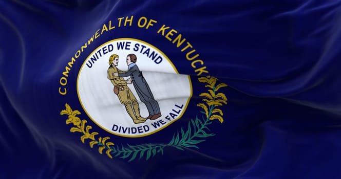 The US state flag of Kentucky waving in the wind. Kentucky is a state in the Southeastern region of the United States. Rippled textile background. Realistic 3d illustration. US state flag