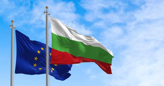 the flags of Bulgaria and the European Union waving in the wind on a sunny day. Democracy and politics. European country. Realistic 3d illustration