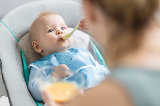 Mother spoon feeding her baby boy child in baby chair with fruit puree. Baby solid food introduction concept