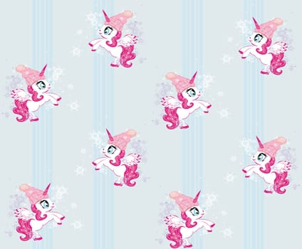 Seamless pattern with cute unicorns in the snow and a warm hat