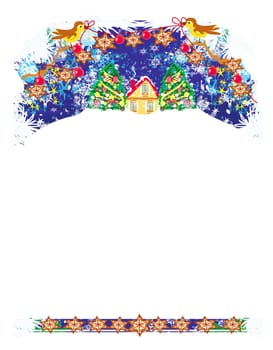 Christmas card with birds and decorative Christmas trees