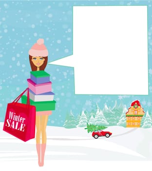 Winter girl with gift box - frame with place for your text