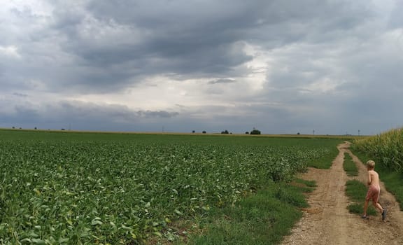 A boy runs along the road in a field with soybeans and corn. A child with blond hair. A dramatic sky with dark clouds, an impending storm. Copy space. The child tries to escape from the bad weather.