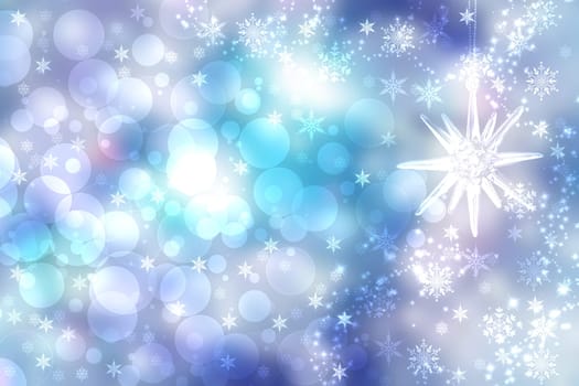 Christmas card template. Abstract festive blue winter christmas background texture with a pastel bokeh lighted xmas baubles and stars. Beautiful card design. Space.