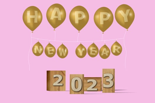 3D illustration New Year concept 2023 design with text on the wooden box and balloons on a pirouette color background.