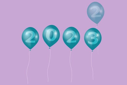 3D illustration concept New Year 2023 design with number on the balloons, the old year has passed.