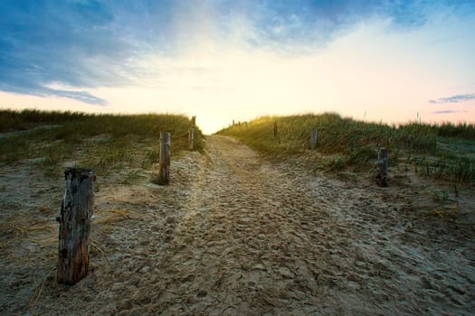Dune crossing to the beach. On the beach of Blåvand in Denmark . Landscape shot on the coast