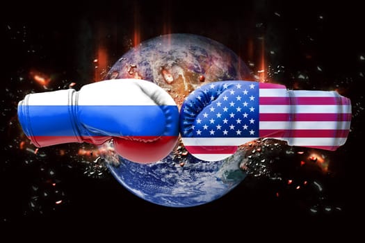 3D illustration flags of Russia and USA on boxing gloves on planet world bombs background.