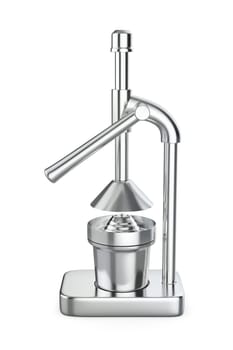 Side view of silver citrus juicer on white background
