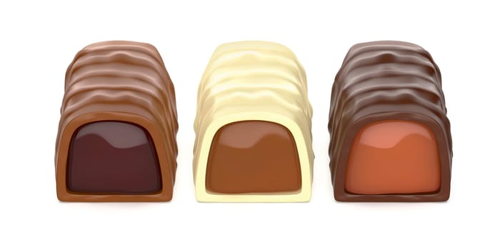 White, dark and milk chocolate bonbons with caramel, cherry and chocolate fillings inside