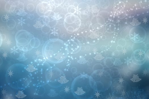 Abstract blurred festive light blue winter christmas or Happy New Year background texture with shiny blue and white bokeh lighted glittering snowflakes and stars. Space for your design. Card concept.