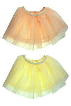 Children clothes. Fashionable festive short summer skirt in two pastel colors for little girl isolated on a white background. Clipping path. Ballerina kids clothing.
