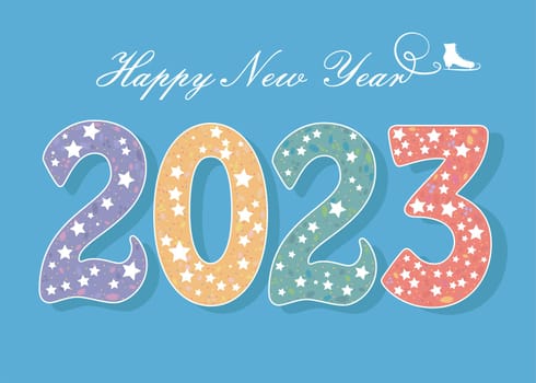 Colorful Number 2023 with white Stars. Inscription Happy New Year with white Skate and ice footprint
