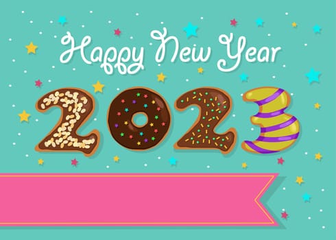 Colorful number 2023 as sweet donuts with cream and nuts decor. Green background with stars and confetti. Pink banner for custom text. Cream text - Happy New Year.
