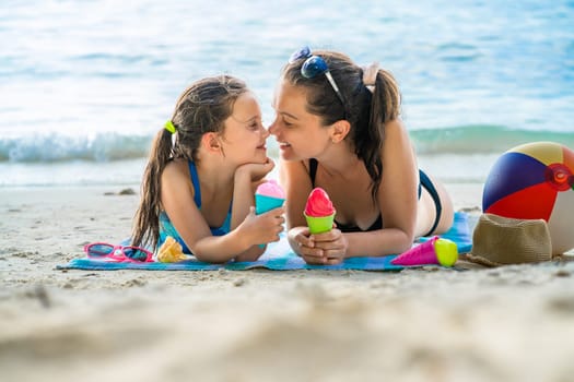 Family Ocean Beach Vacation. Mother Happiness. Happy Mom Lifestyle