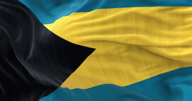 Close-up view of the Bahamas national flag waving in the wind. The Commonwealth of the Bahamas is a country within the Lucayan Archipelago. Fabric textured background. Selective focus. 3d illustration