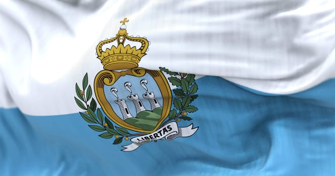 Close-up view of the San Marino national flag waving in the wind. San Marino is a small country in Southern Europe. Fabric textured background. Selective focus. Realistic 3d illustration