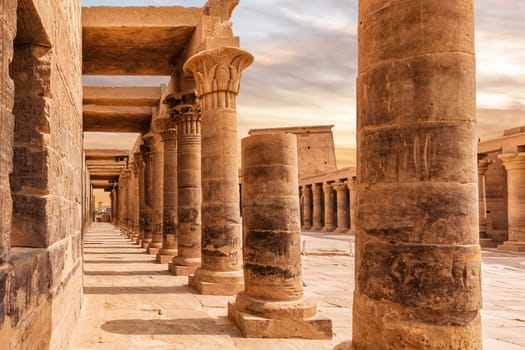 Capitals of east colonnade of Philae Island, Temple of Isis, Aswan, Egypt.