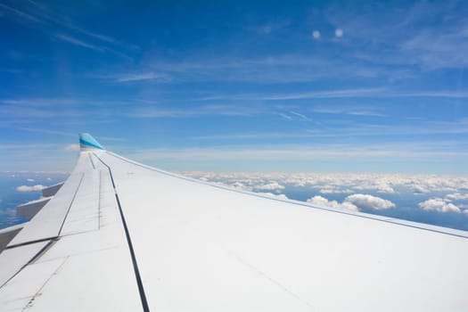 Looking out of an airplane window showing a plane wing with blue sky and white clouds