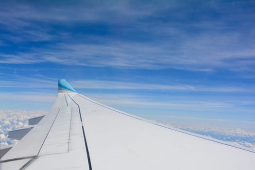 View from an airplane window showing a plane wing, land, blue sky and white clouds