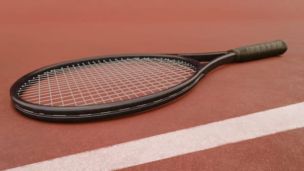 Sport and healthy lifestyle. Tennis. tennis racket on clay court Sports background with tennis concept, Illustration, 3d rendering animation