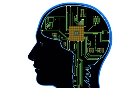 Concept 3d illustration of electronic chip in form of human brain in electronic cyberspace. Artificial intelligence in brain.