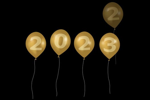 3D illustration concept New Year 2023 design with number on the balloons, the old year has passed.