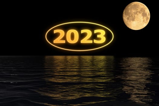 3D illustration concept New Year 2023 design with 2023 on the moon background and shadows in the water.