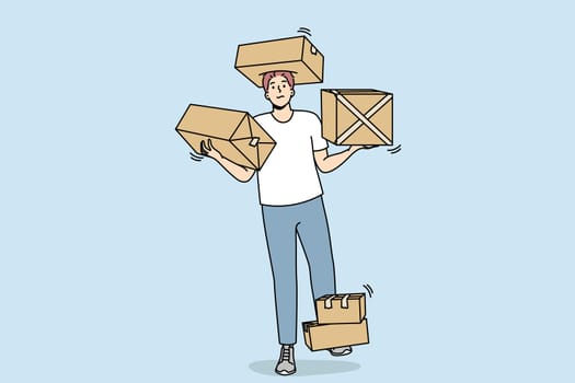 Courier carries cardboard boxes with goods on his arms, legs, head. Man delivers packed orders to customer. Guy arranges objects in house after move. Vector outline colorful isolated illustration.