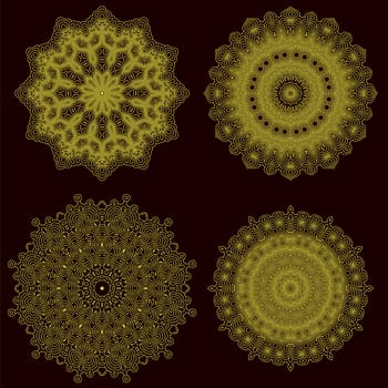 Set of Yellow Circle Geometric Ornaments. Guilloche Gold Rosettes Isolated. Ornamental Round Decor.