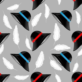 Modern Black Womens Hat Icon wirh White Feather Isolated on Grey Background.