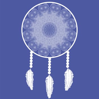Dream Catcher Silhouette with Feathers Isolated on Blue Background