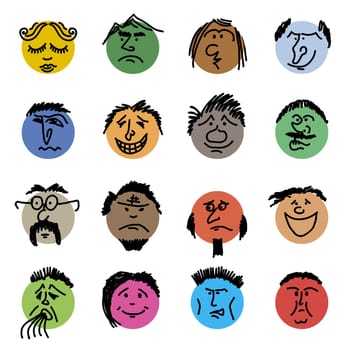 Colored doodle Heads. Round comic faces with various emotions. Crayon drawing style. Different colorful characters. Cartoon style people. Hand drawn trendy illustration. Flat design circles.