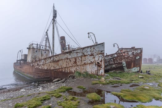Old, rusty whaling ships and processing facilities at a now abandoned whaling station in Grytviken -on the island of South Georgia.