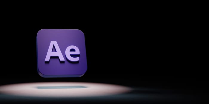 Adobe After Effects App Icon 3D Symbol Shape Spotlighted on Black Background with Copy Space 3D Illustration