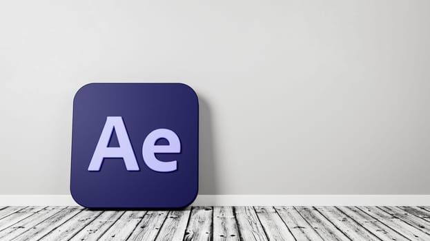 Adobe After Effects App Icon 3D Symbol Shape on Wooden Floor Against Gray Wall with Copy Space 3D Render Illustration