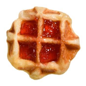 Top view close up of fresh waffles with strawberry jam delicious sweet on top isolated on white background. Making homemade food or dessert at home