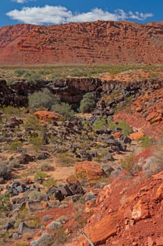 Red Rock Cliffs Above Rocky Arroyo in Snow Canyon State Park in Utah