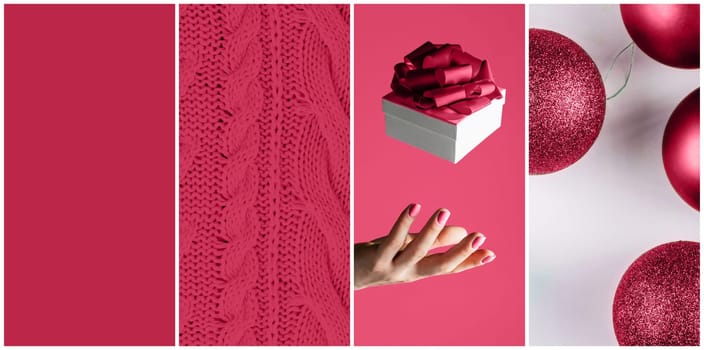 Color of the Year 2023 Viva Magenta. Collage palette on Christmas themes of three trendy carmine shade backgrounds. Knitted sweater, hand with gift, Christmas balls