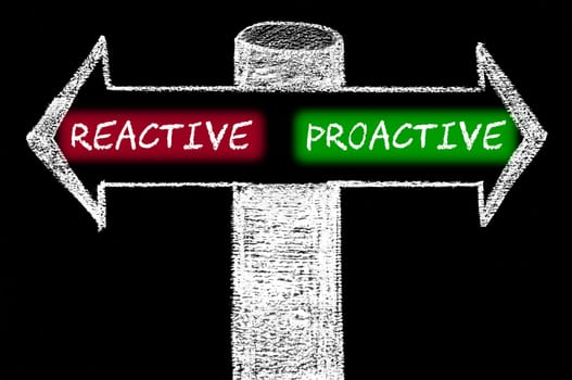 Opposite arrows with Reactive versus Proactive. Hand drawing with chalk on blackboard. Choice conceptual image