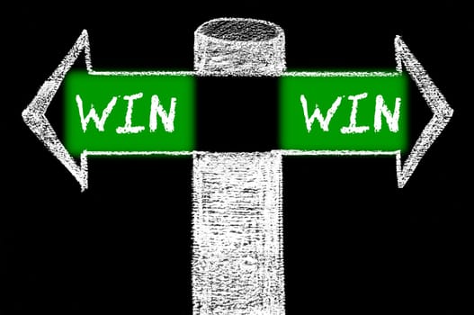 Opposite arrows with Win-Win Solution. Hand drawing with chalk on blackboard. Choice conceptual image