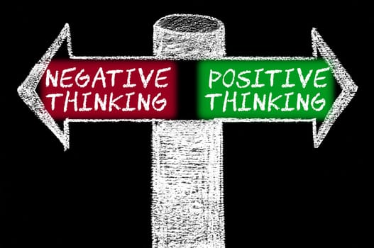Opposite arrows with Negative versus Positive Thinking. Hand drawing with chalk on blackboard. Choice conceptual image