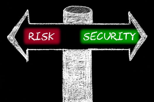 Opposite arrows with Risk versus Security. Hand drawing with chalk on blackboard. Choice conceptual image