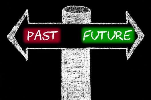 Opposite arrows with Past versus Future. Hand drawing with chalk on blackboard. Choice conceptual image