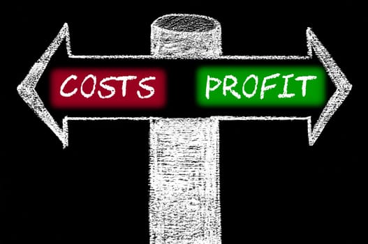 Opposite arrows with Costs versus Profit. Hand drawing with chalk on blackboard. Choice conceptual image