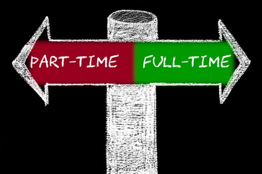 Opposite arrows with Part-Time versus Full-Time. Hand drawing with chalk on blackboard. Choice conceptual image