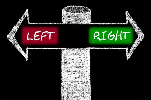 Opposite arrows with Left versus Right. Hand drawing with chalk on blackboard. Choice conceptual image
