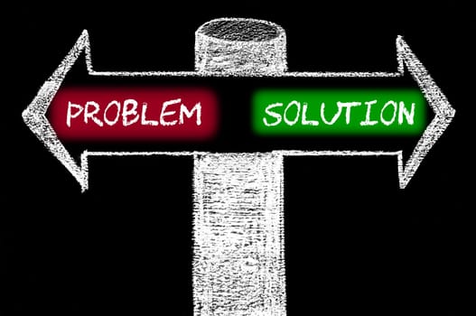 Opposite arrows with Problem versus Solution. Hand drawing with chalk on blackboard. Choice conceptual image